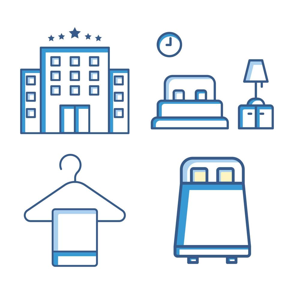 icono de conjunto de hoteles. contiene íconos como edificio de hotel, dormitorio, toalla, cama. estilo de icono de dos tonos. diseño simple editable vector