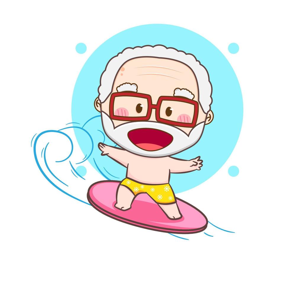 Cute old man surfing on sea. grandfather on surf board on ocean wave. Chibi cartoon character. Vector art illustration