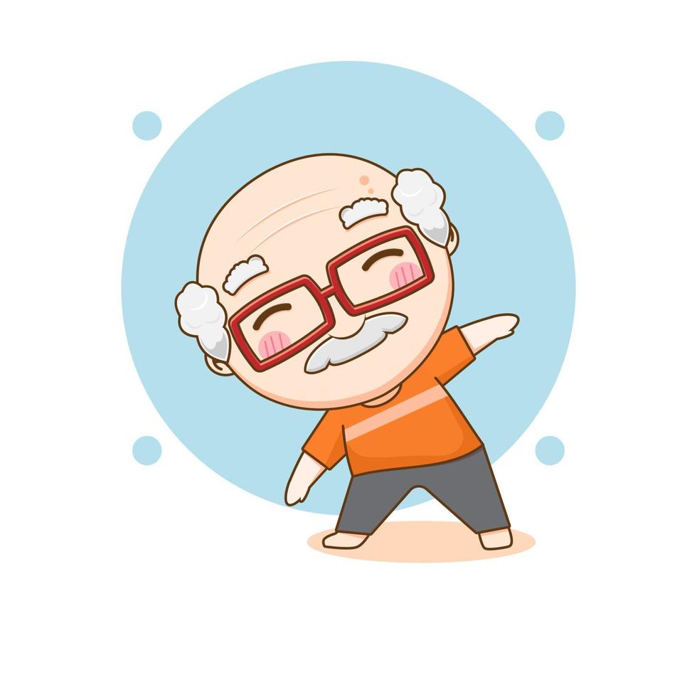 abuelo feliz practicando yoga. anciano haciendo gimnasia. personaje de dibujos animados chibi. ilustración de arte vectorial vector