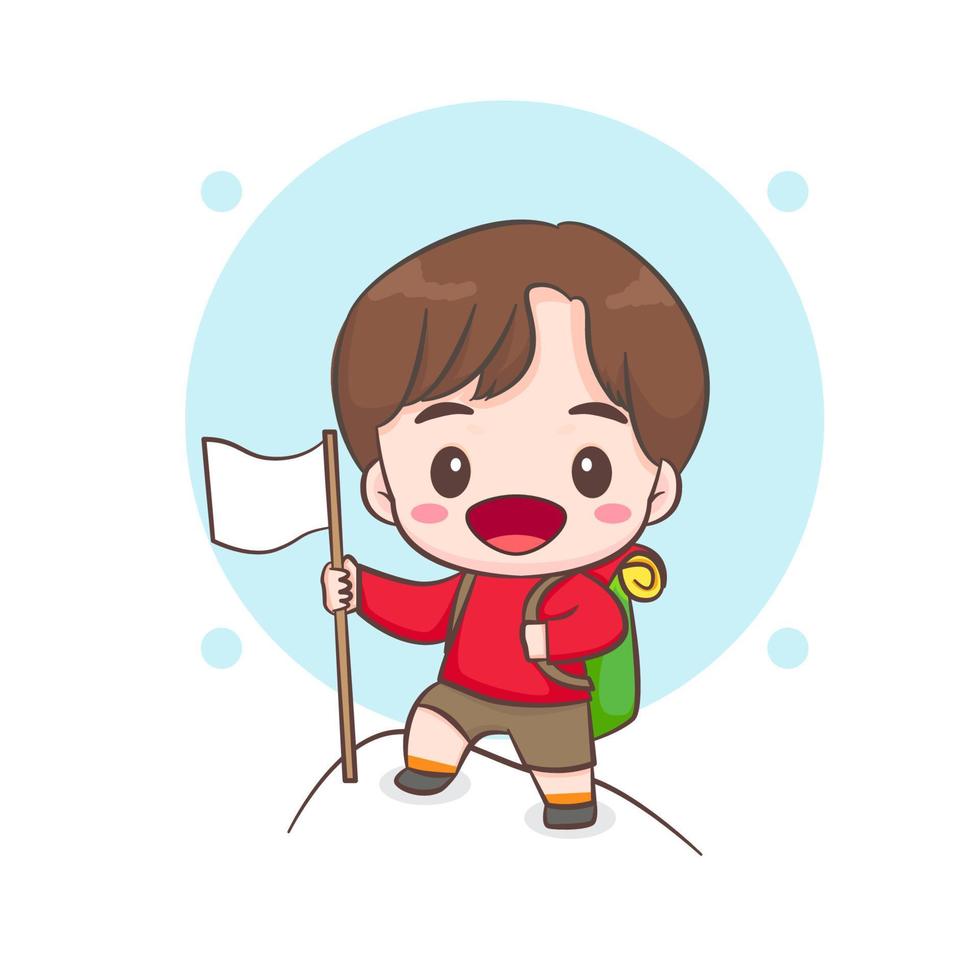 Happy climber holding flag standing on top mountain.Young smiling mountaineer climbing on a rock. Chibi cartoon character. Vector art illustration