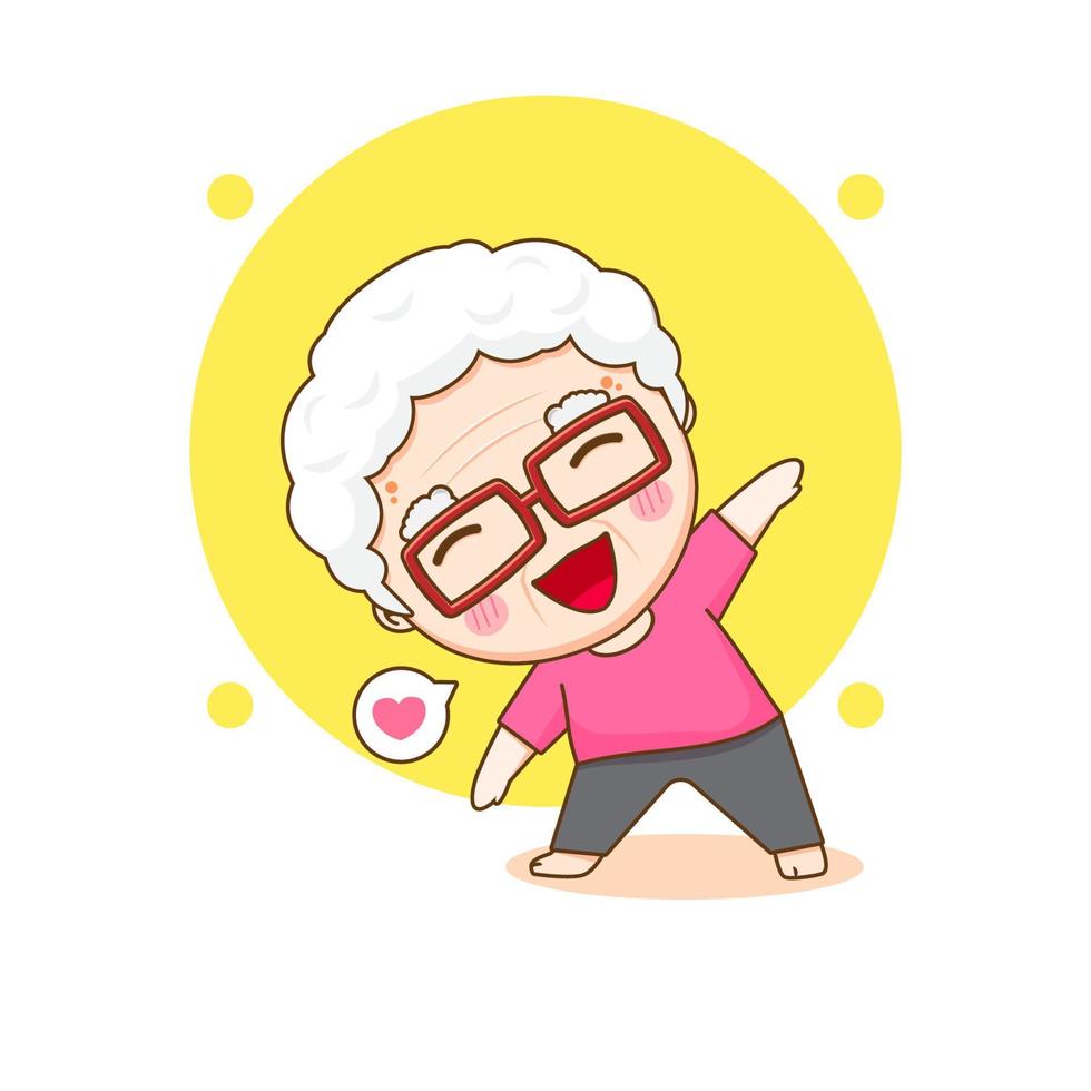 abuela feliz practicando yoga. anciana haciendo gimnasia. personaje de dibujos animados chibi. ilustración de arte vectorial vector