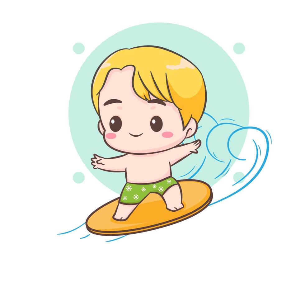 Cute boy surfing on sea. Child on surf board on ocean wave. Chibi cartoon character. Vector art illustration