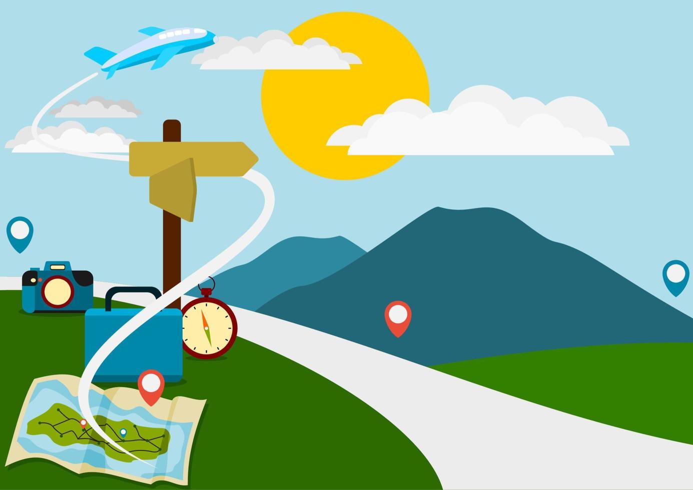 vector editable de paisaje con equipo de carretera y viaje para marketing de agentes de turismo e ilustración de libros para niños