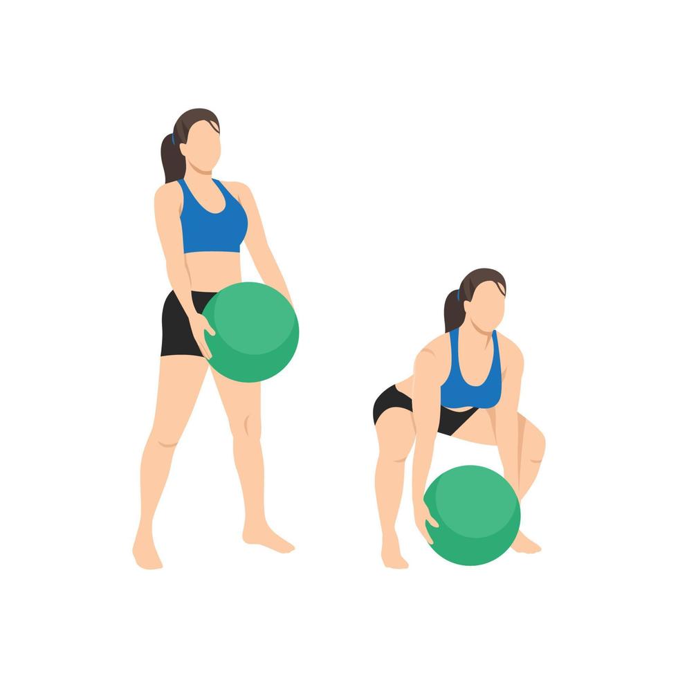 mujer haciendo ejercicio de peso muerto con balón medicinal. ilustración vectorial plana aislada sobre fondo blanco vector