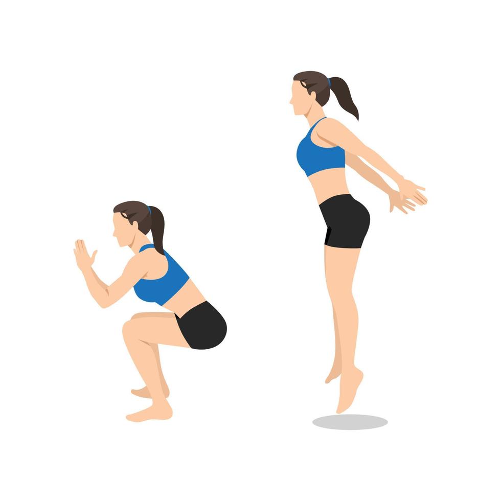 Woman doing jump squat exercise. Flat vector illustration isolated on white background