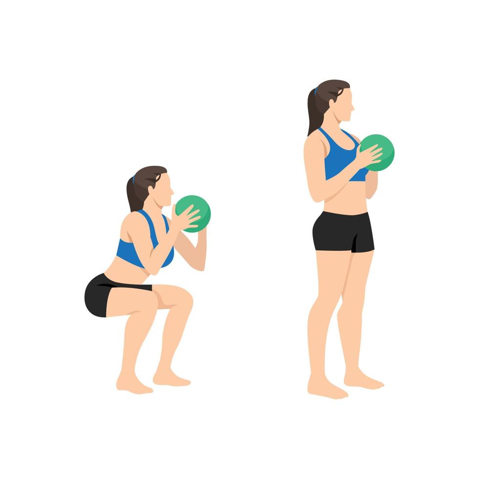 mujer haciendo ejercicio en cuclillas con balón medicinal. ilustración vectorial plana aislada sobre fondo blanco vector