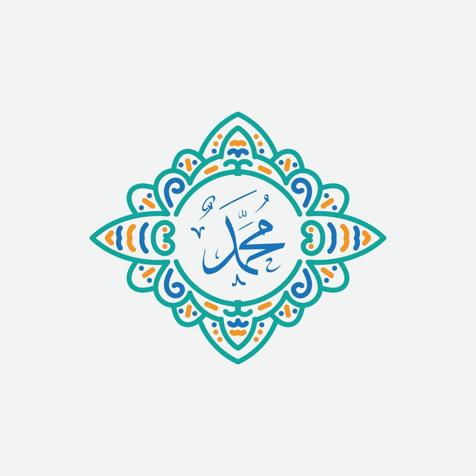 Muhammad arabic calligraphy. Mawlid al-nabawi al-shareef greeting card template with frame or ornament vector