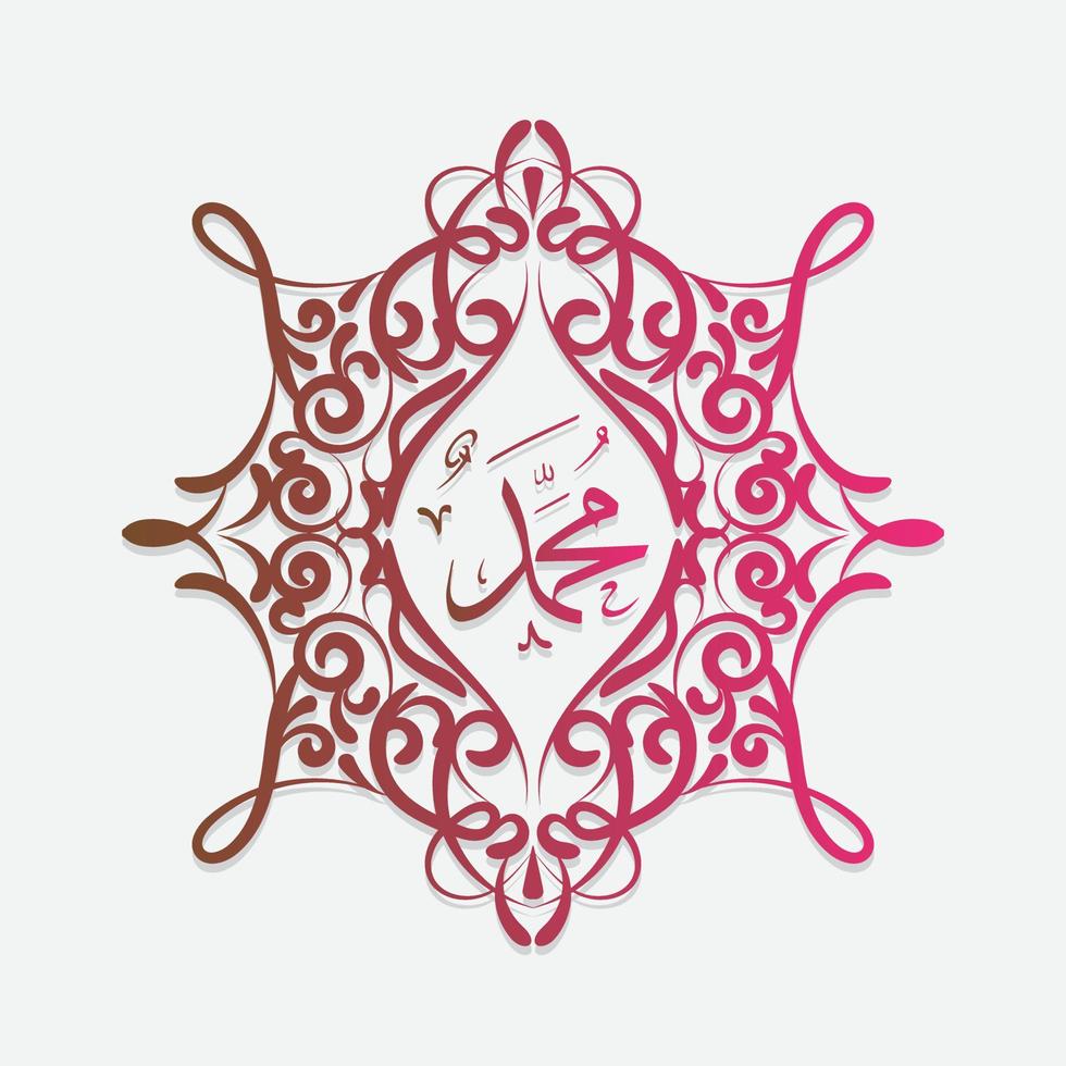 Arabic and islamic calligraphy of the prophet Muhammad, peace be upon him, traditional and modern islamic art can be used for many topics like Mawlid, El-Nabawi . Translation , the prophet Muhammad vector
