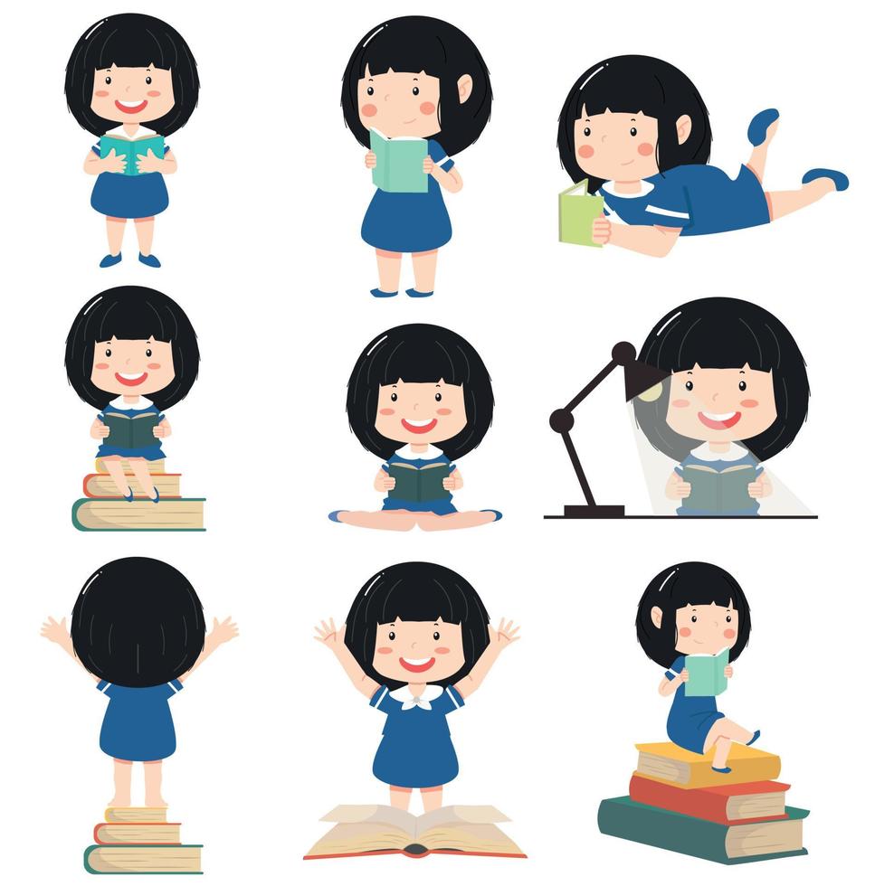 Kid Girl Reading Books child character set vector