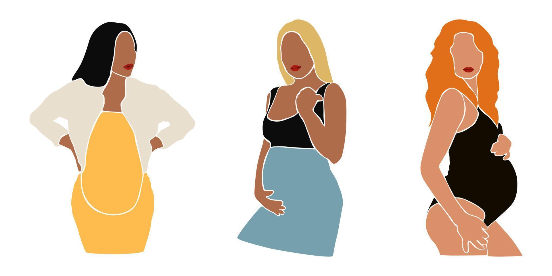 Set of pregnant woman touching her belly. Abstract modern art about pregnancy and motherhood - mother concept. Hand drawn contemporary abstract illustration. Paper cut mosaic style vector