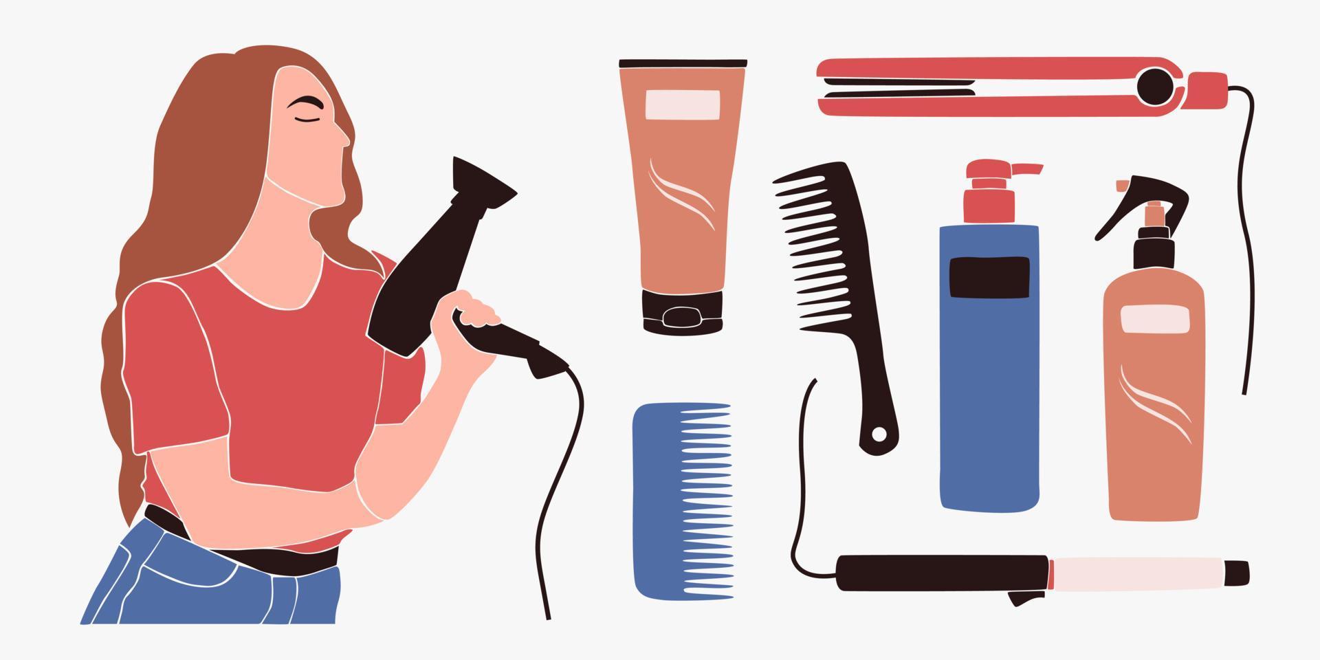 Set of woman with hair dryer and beauty cosmetic products. Hair care tools. Hairdressers and barbers devices, accessories. Combs, cosmetic bottles, straightener, curling . vector