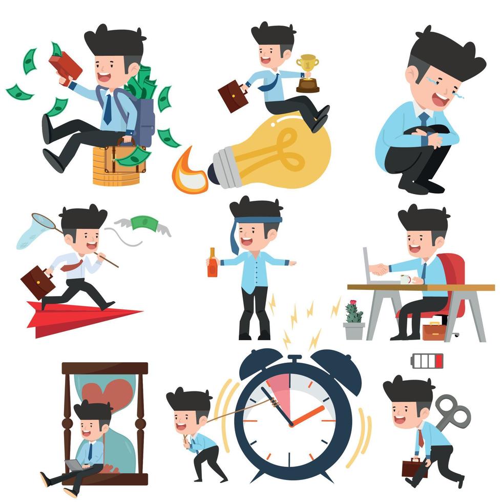 Set of businessman in various action poses vector