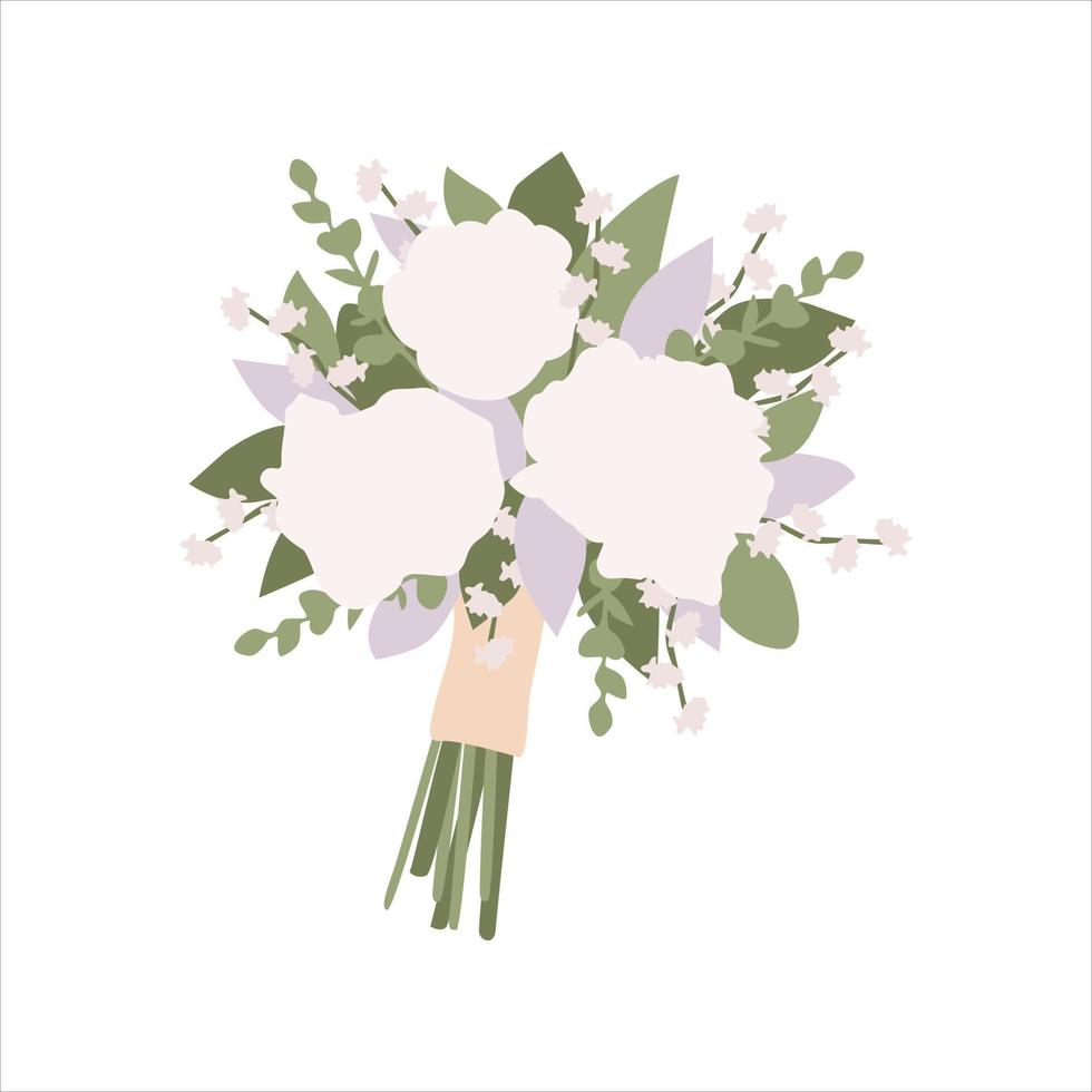 ramo blanco de boda con flores rosa, peonía, eucalipto, hojas verdes. ramo de dibujos animados con cinta para vacaciones. arreglos de boda boho nupcial. ilustración plana dibujada a mano vector