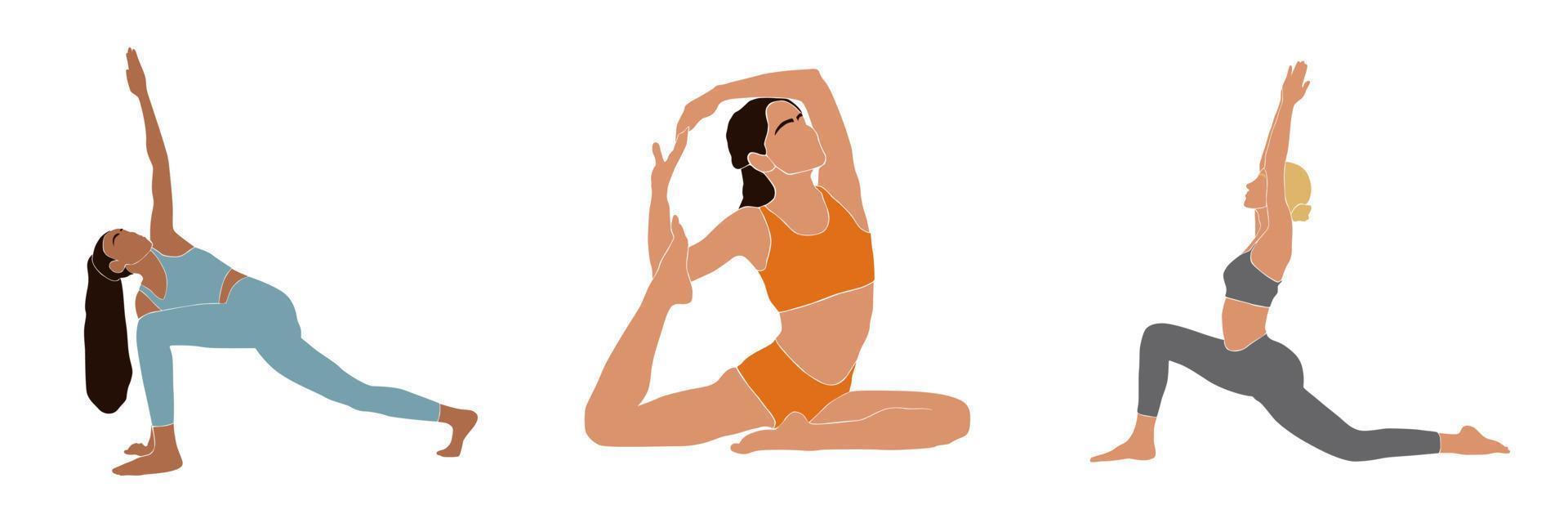 conjunto de chicas internacionales abstractas practicando yoga en colores pastel. mujer practicando asanas de equilibrio. arte contemporáneo. pérdida de peso. estilo de vida saludable. tranquilidad y relax. ilustración plana dibujada a mano vector