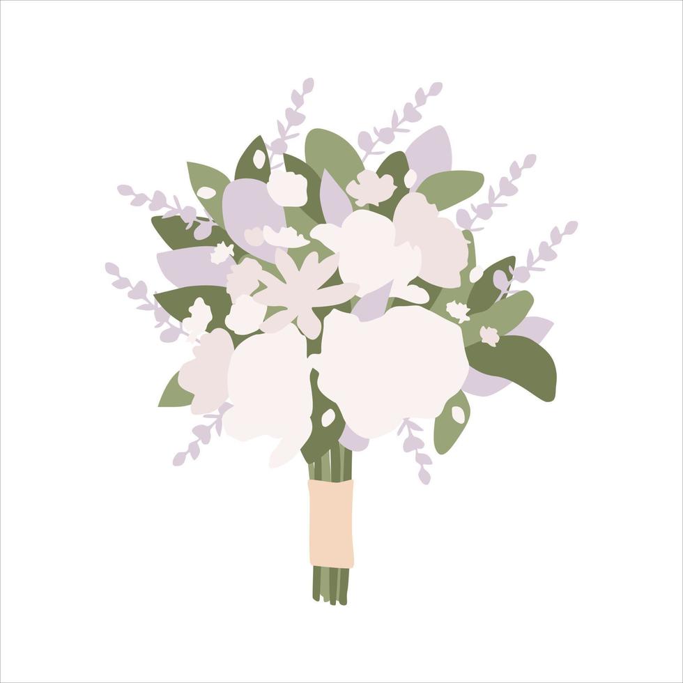 Wedding white bouquet with flowers rose, peony, eucalyptus, green leaves. Cartoon bouquet with ribbon for holidays. Boho bridal wedding arrangements. Hand drawn flat illustration vector