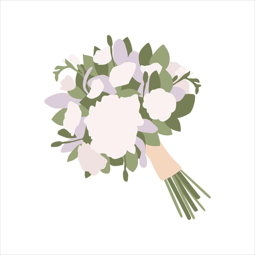 Wedding white bouquet with flowers rose, peony, eucalyptus, green leaves. Cartoon bouquet with ribbon for holidays. Boho bridal wedding arrangements. Hand drawn flat illustration vector