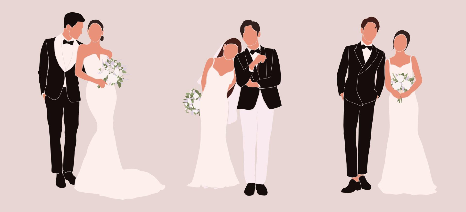 conjunto de silueta abstracta de pareja de boda novio y novia. mujer con ramo y retrato de hombre. tarjeta de invitación. ceremonia de la boda. ilustración de personas de matrimonio. decoración de impresión de cartel de recién casados vector