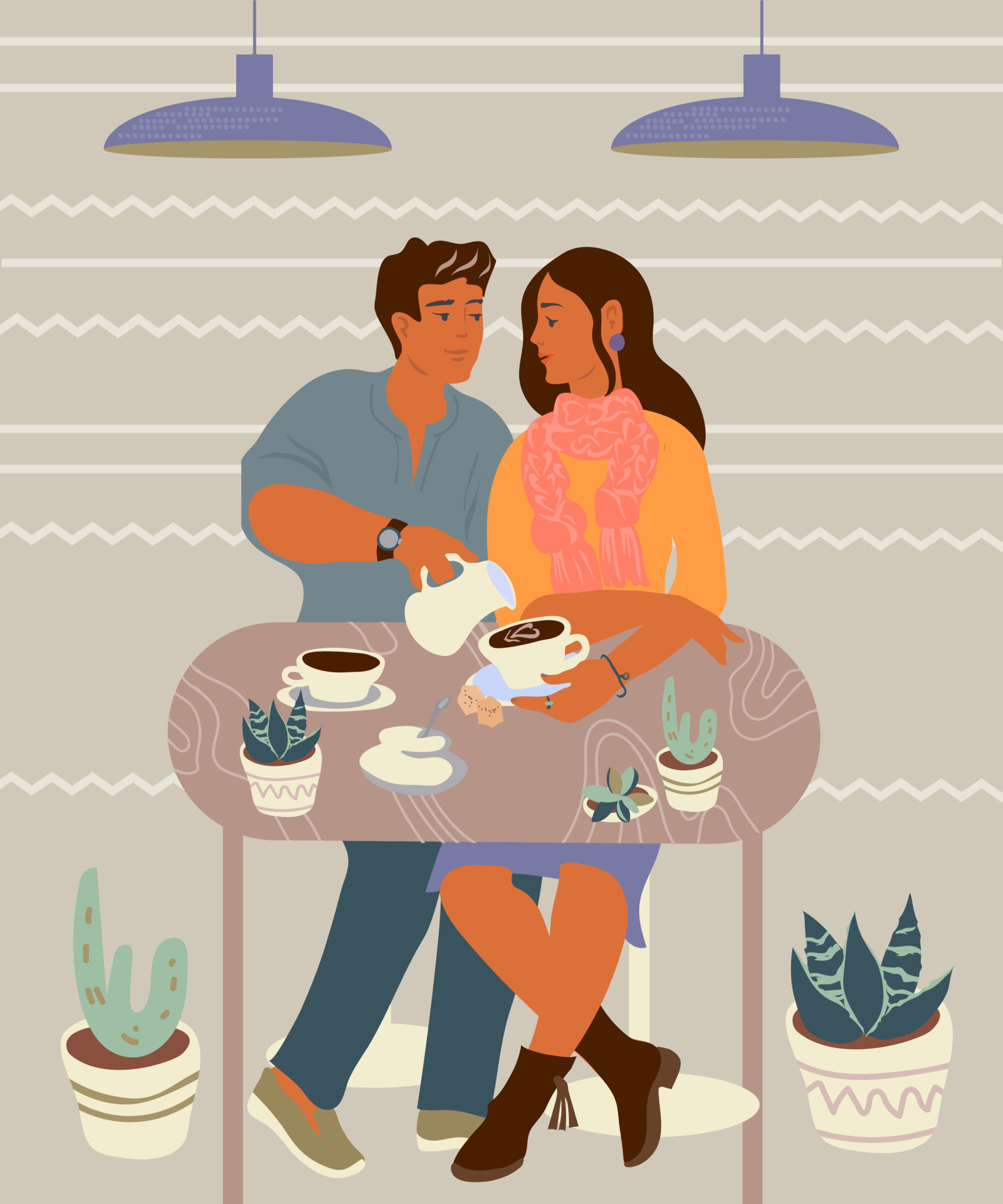Cute romantic couple or friends sitting at table, drinking tea or coffee and talking. Young man and woman dialog or conversation at cafe on date. Flat cartoon vector illustration. 8484604 Vector Art Cute romantic couple or friends sitting at table, drinking tea or coffee and talking. Young man and woman dialog or conversation at cafe on date. Flat cartoon vector illustration. 8484604 Vector Art