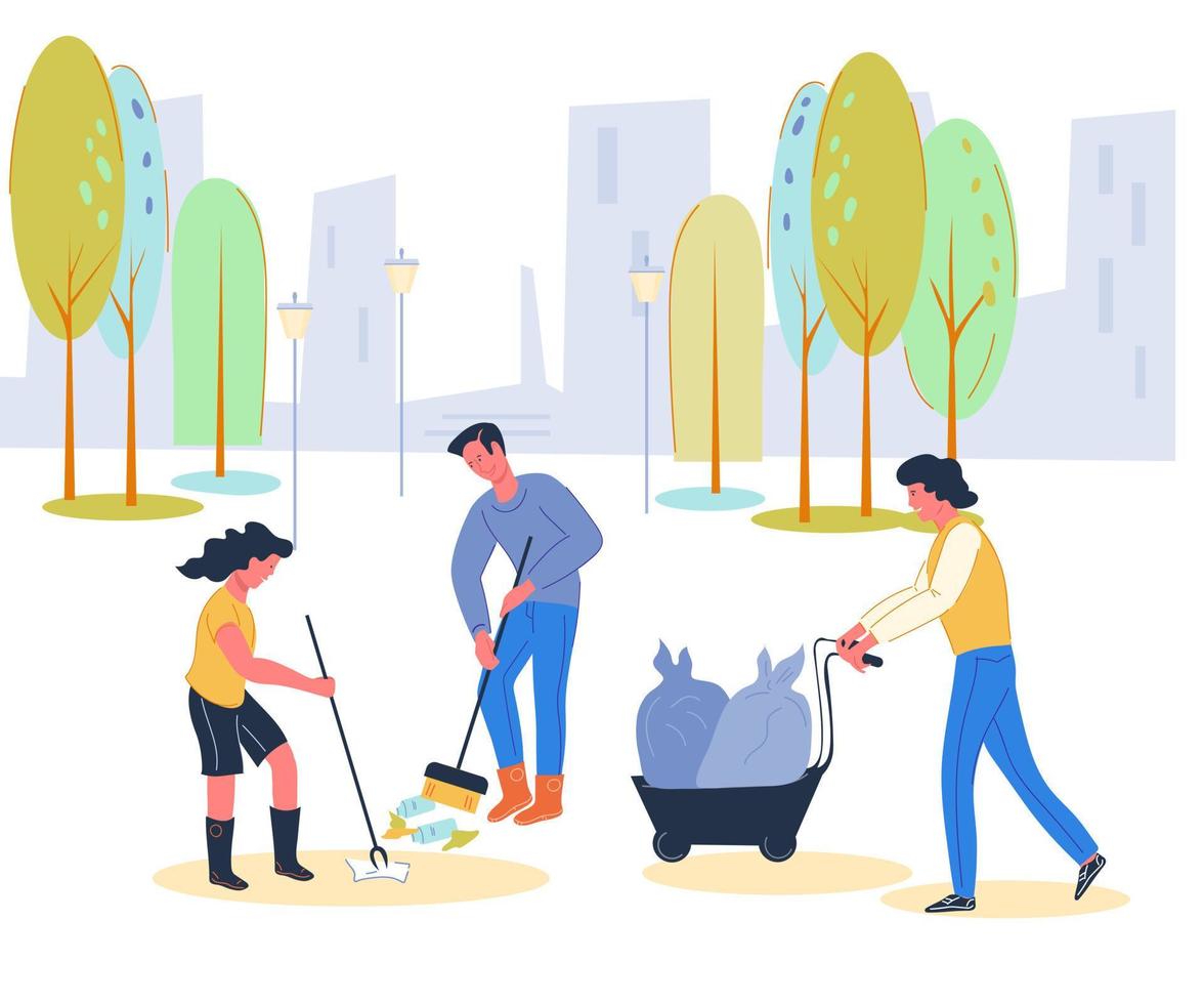 People cleaning city street from leaves and picking plastic waste. Ecology and garbage collecting, reducing and segregation. Volunteering and social responsibility. Flat vector illustration.