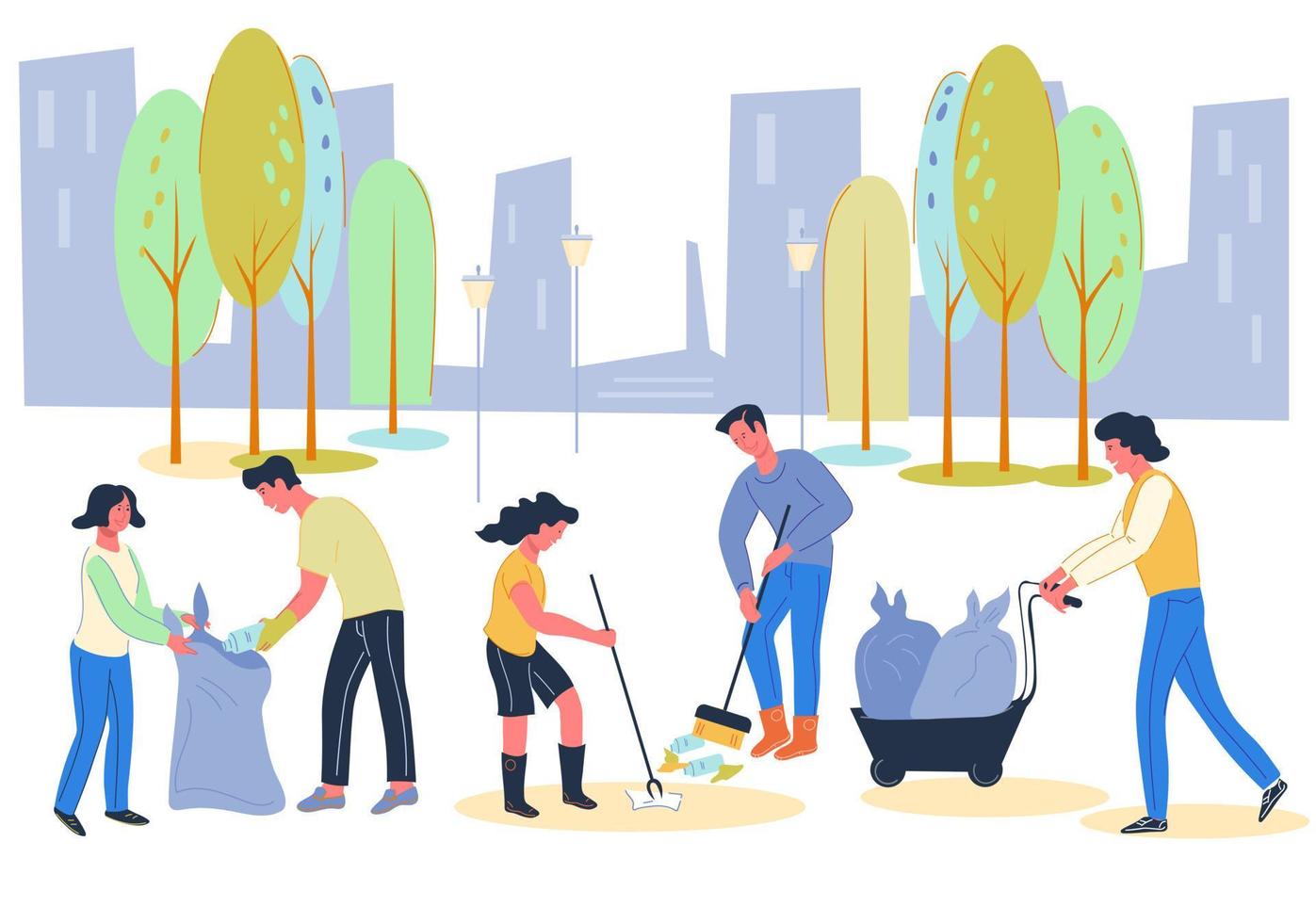 Volunteers social work for environment conservation and cleaning city from waste. Urban ecology and garbage collecting. Town renovation and keeping eco clean and green. Flat vector illustration.