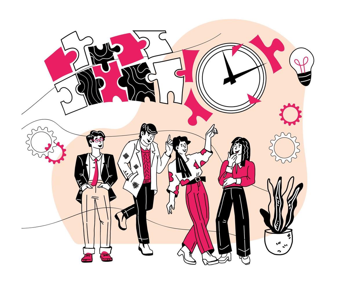 Successful team of business people working and communicating together. Business solution, partnership and teamwork of partners. Integration and startup with puzzle pieces. Cartoon vector illustration.