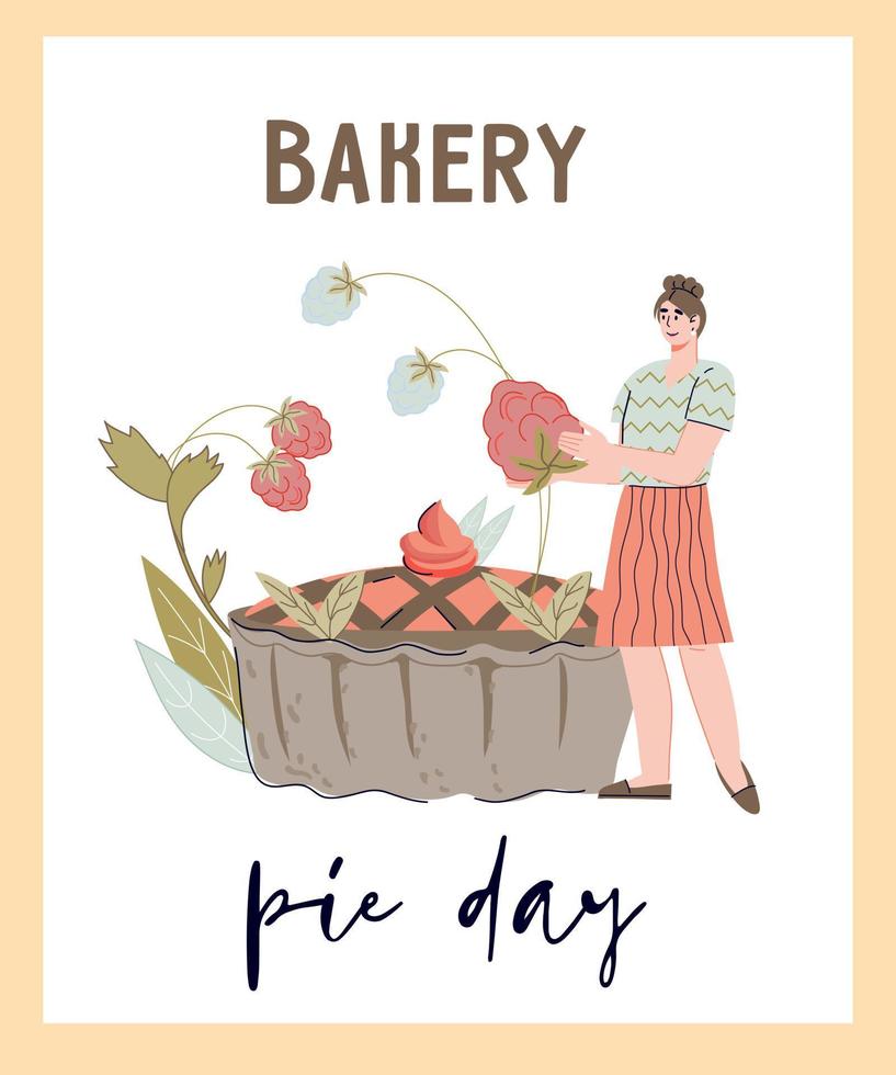 pancarta del día del pastel de panadería o diseño de afiches con carácter de mujer panadera. panadería y confitería, plantilla de banner de la tienda de postres, ilustración vectorial de dibujos animados. vector