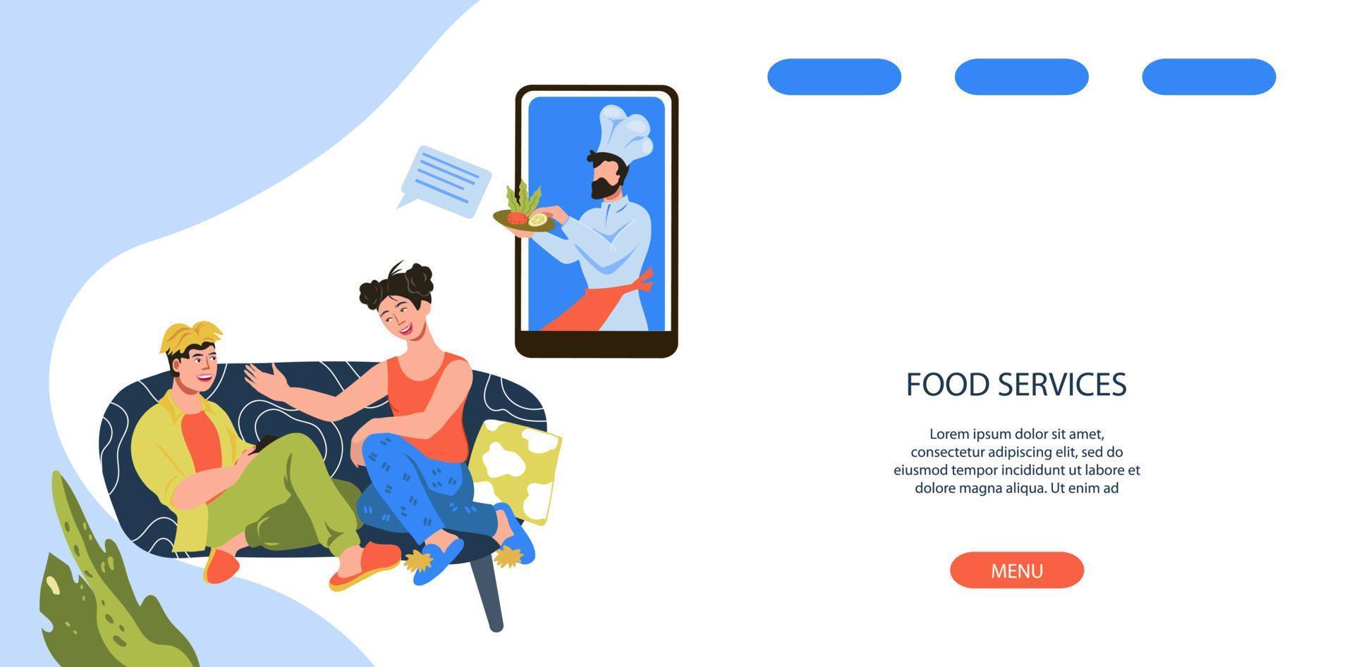 Restaurant food delivery and take-away services banner template with people characters making meal order from home. Landing page design for eatery business. Flat vector illustration.