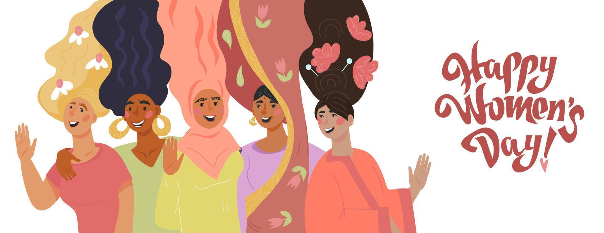 International Womens Day banner or greeting card template with cute girls  cartoon characters. The concept of feminism, society supporting and  solidarity on March 8. Flat vector illustration. 8484627 Vector Art at  Vecteezy