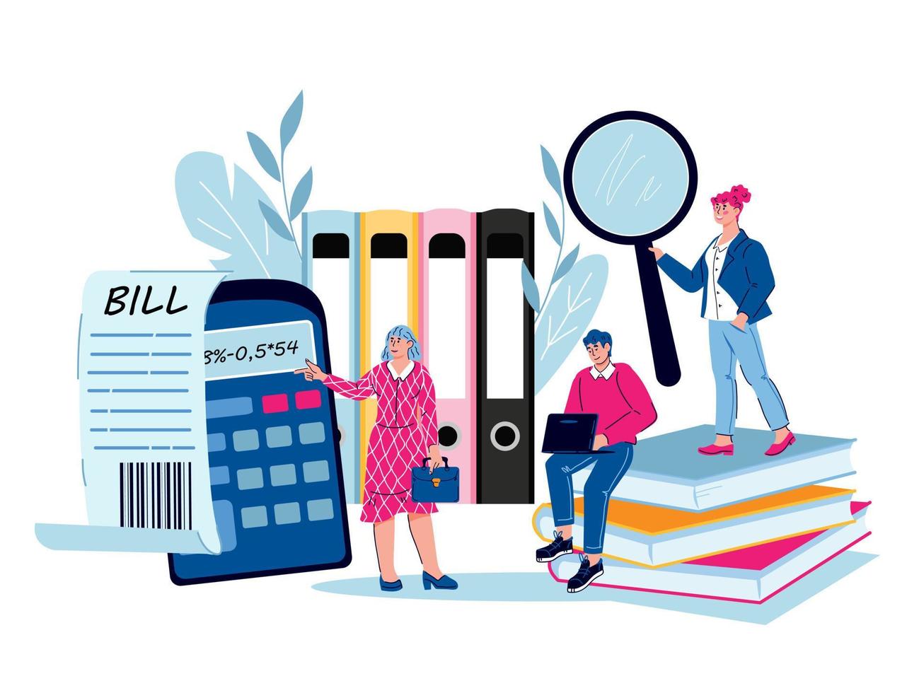 Business accounting and financial audit services concept with tiny people. Money management report, spend and income-expenditure analysis banner template, cartoon vector illustration.