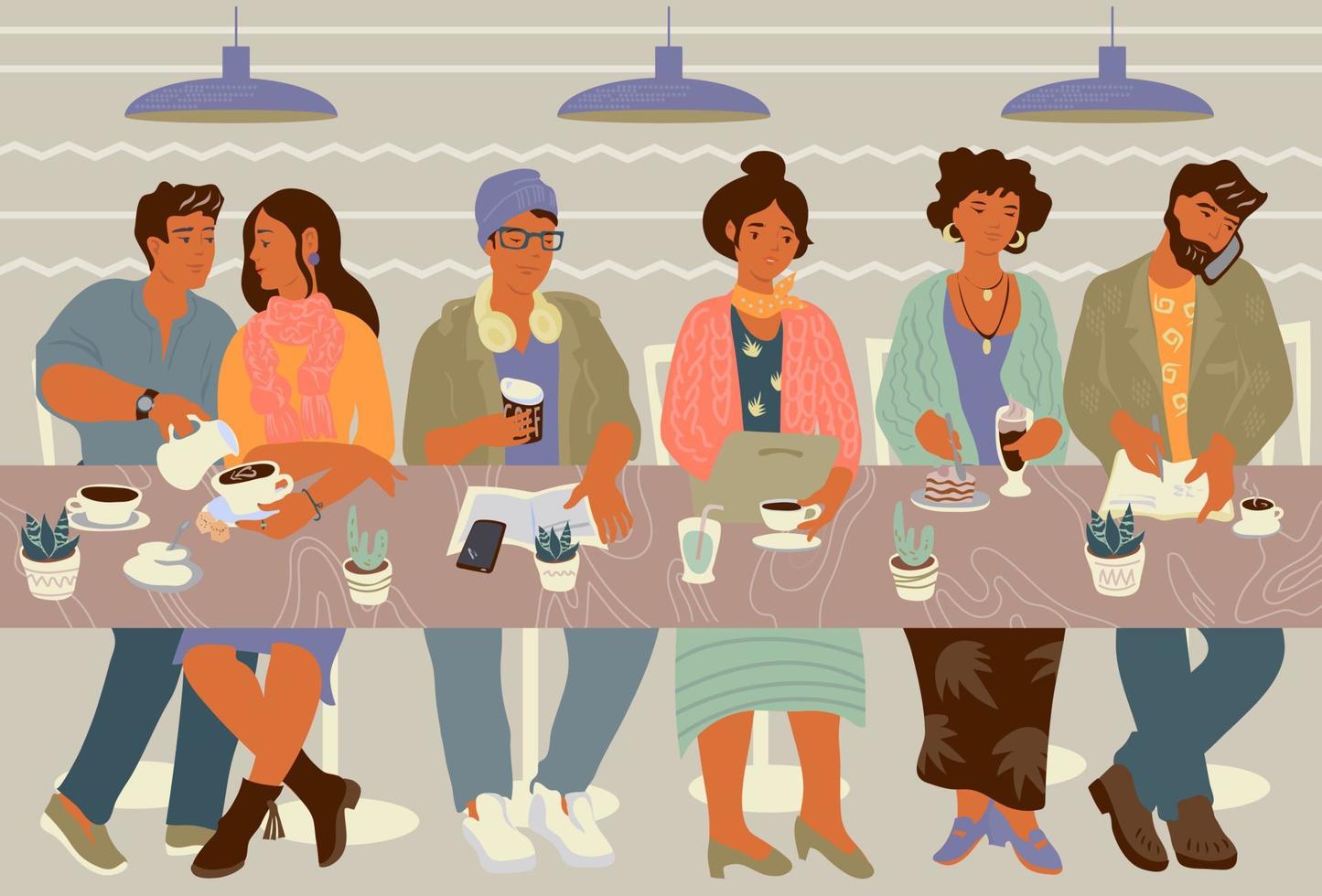 gente en una cafetería o reunión de cafetería, trabajando y bebiendo café ilustración de personajes vectoriales planos. tecnología de comunicación móvil digital y concepto de vida urbana moderna. vector