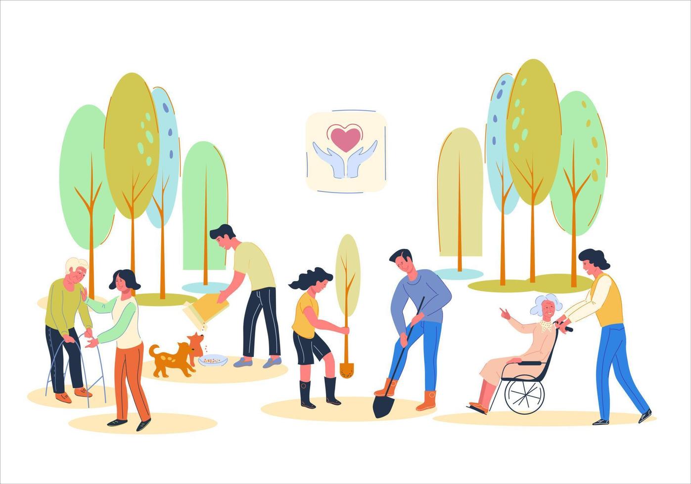 Volunteers busy with different socially useful work - helping elderly disabled people, growing plants for Earth ecology improvement and taking care of homeless animals. Flat vector illustration.