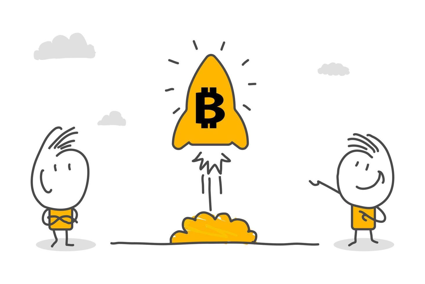 Stick figures. Bitcoins. vector