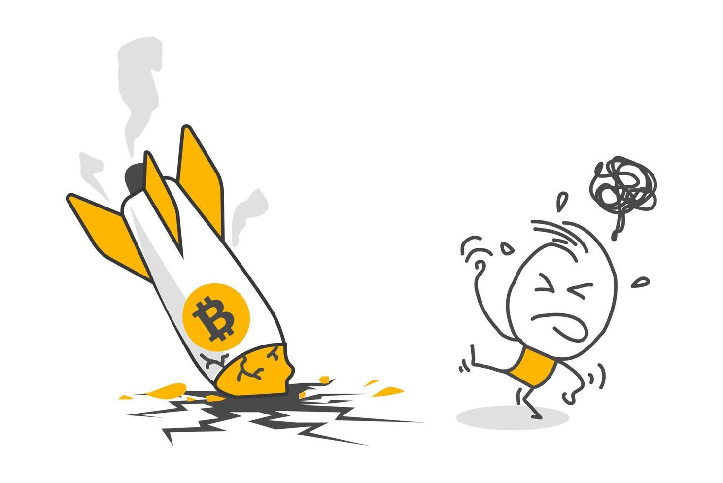 Stick figures. Bitcoin rocket crash. vector