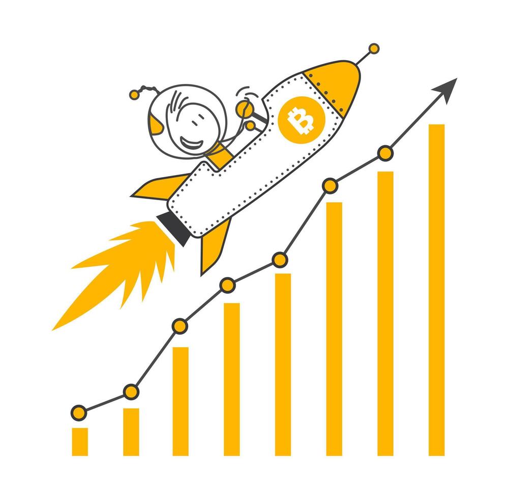 Stick figures. Bitcoin spaceship flying. vector