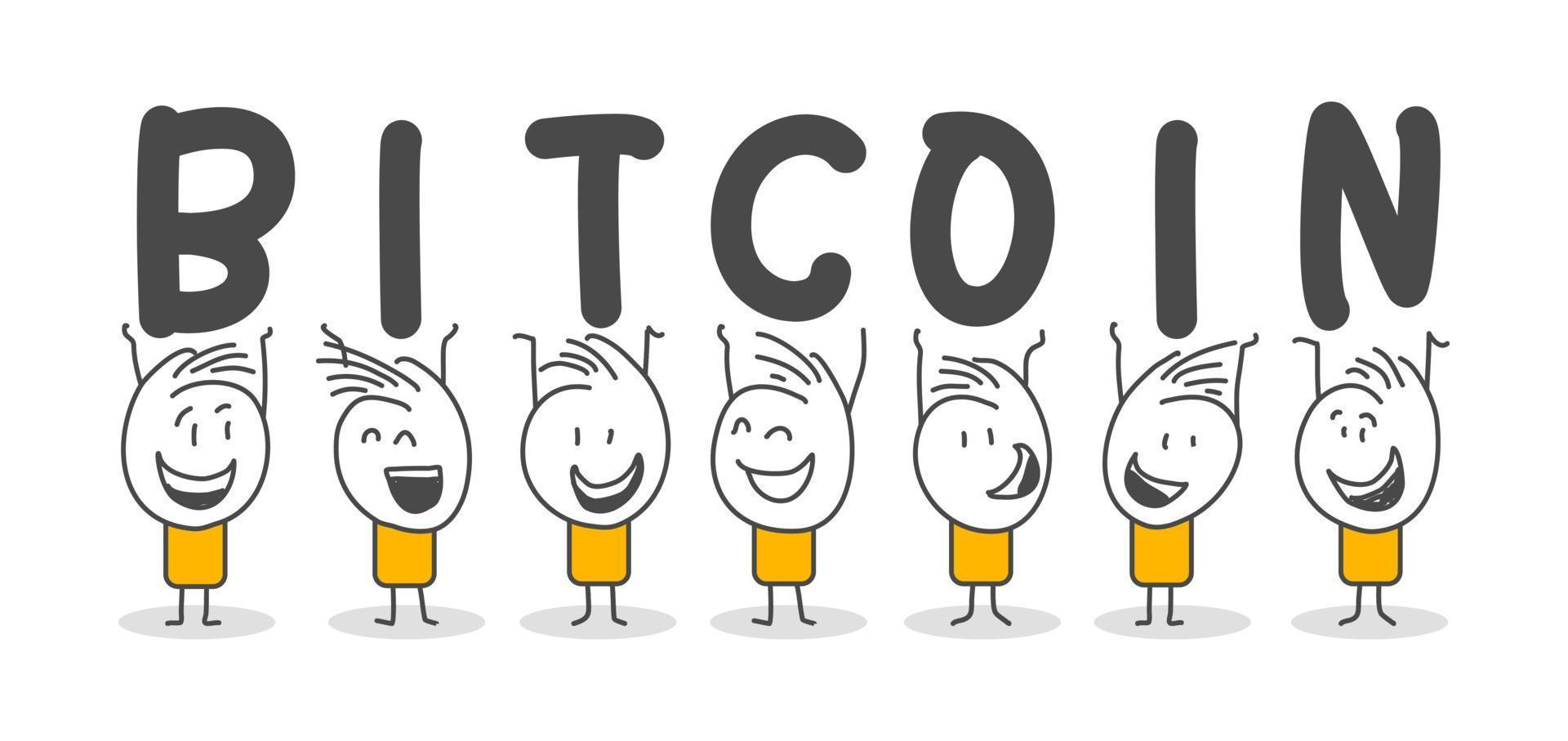 Stick figures. Bitcoins. vector