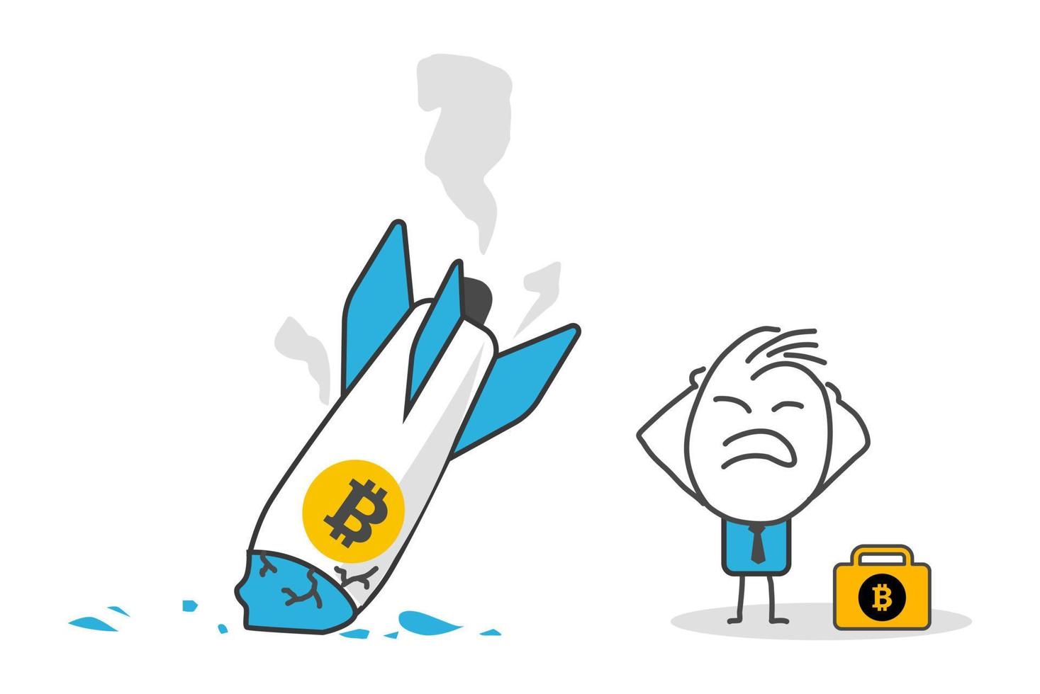 Stick figures. Bitcoin rocket crash. vector