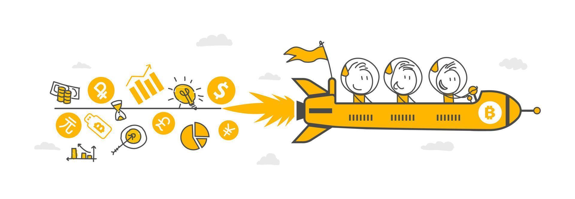 Stick figures. Bitcoin spaceship flying. vector