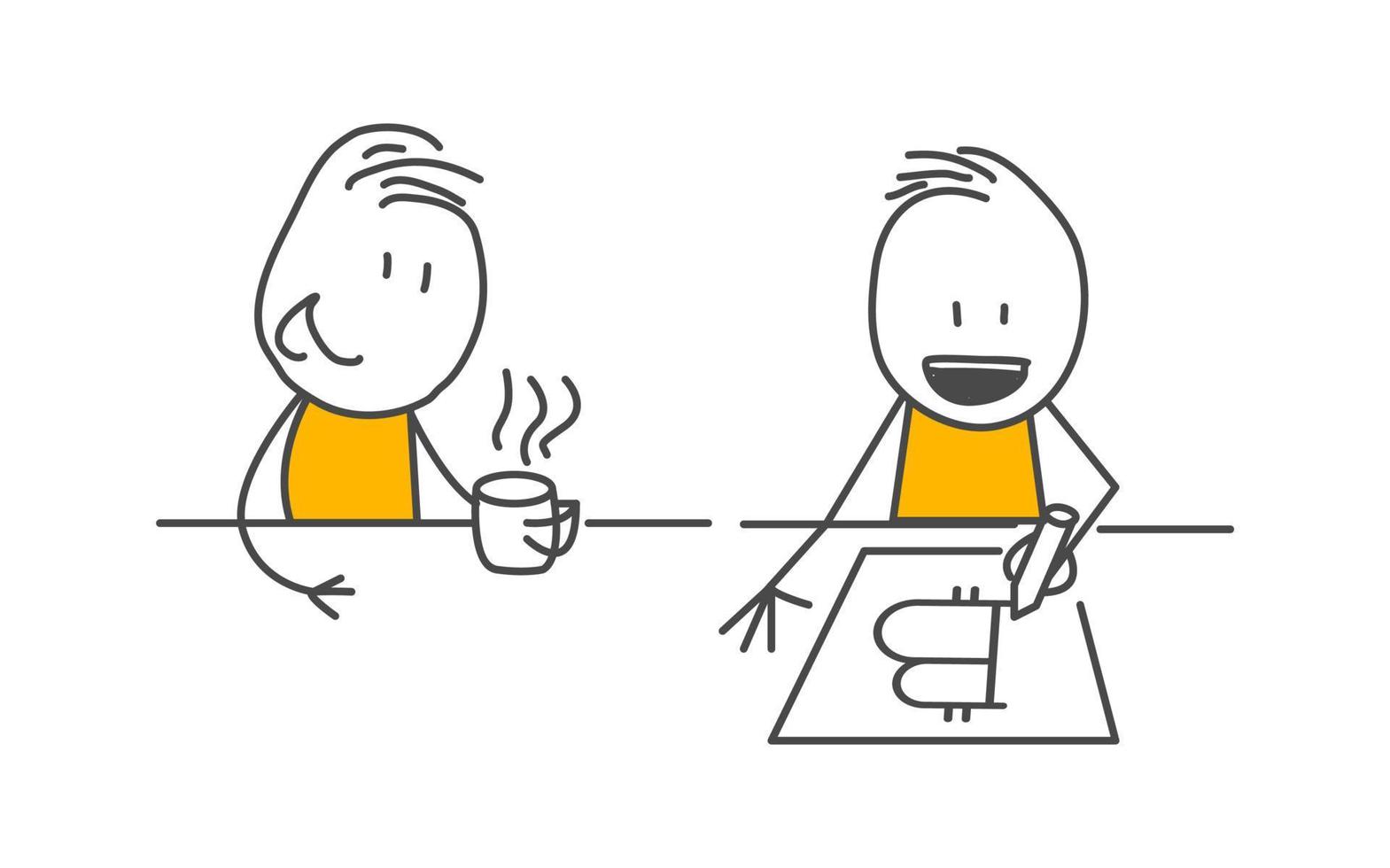 Stick figures. Bitcoins. vector
