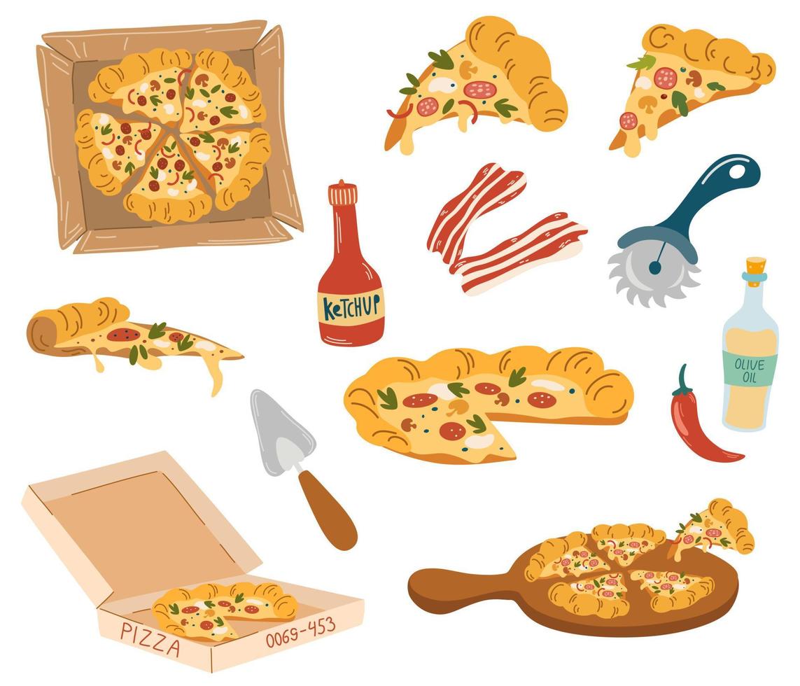 Pizza cartoon set. Fast food. Italian pizzas with greens, pepper, tomato, olive, cheese, mushroom, ketchup stain. Pizza pieces and ingredients. Vector cartoon illustration