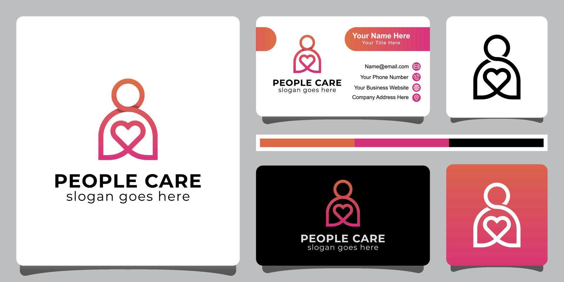 Modern line people care logo. Health insurance logo with business card design vector