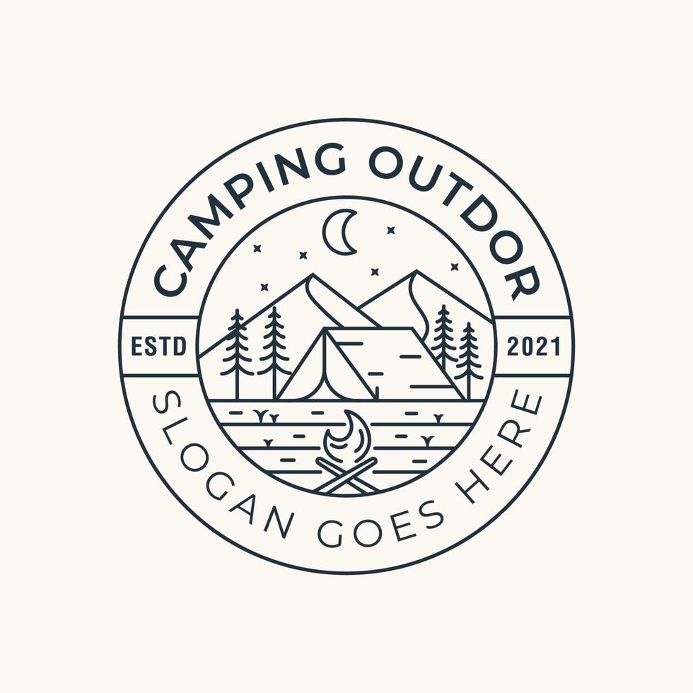 line art logos of camping hill outdoor with mountain and camp fire ...