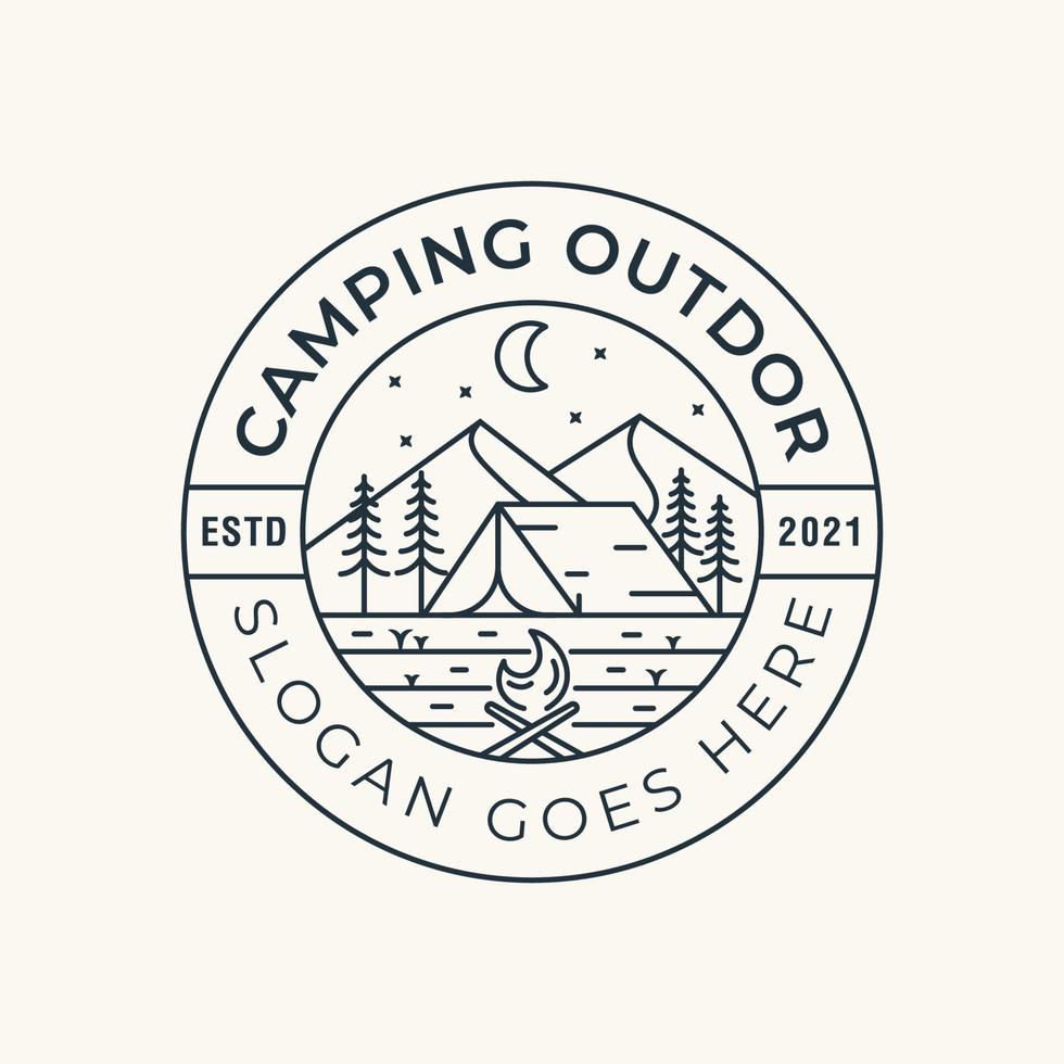 line art logos of camping hill outdoor with mountain and camp fire badge logo vector