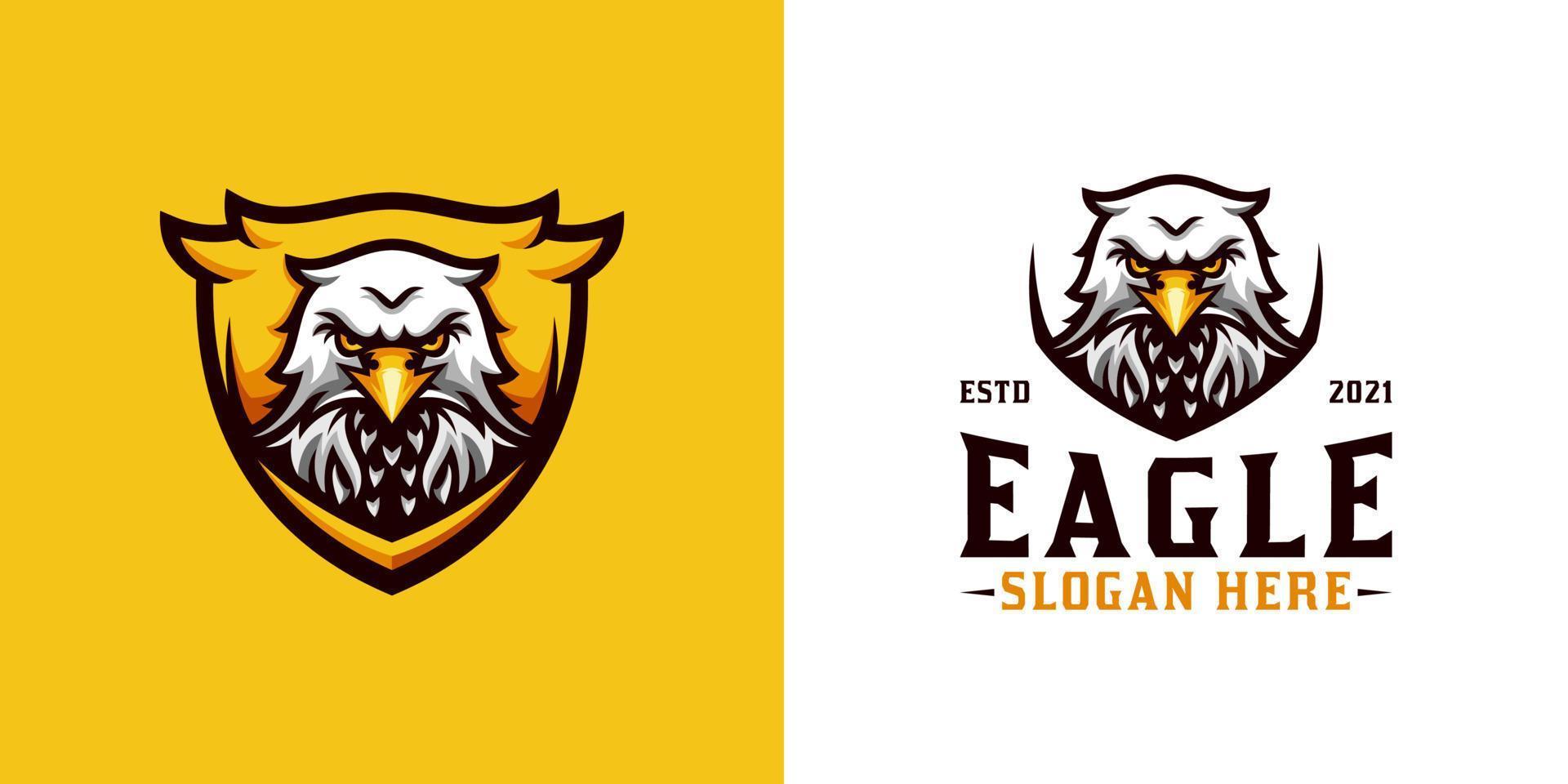 Impresionante logotipo de mascota de cabeza de águila con escudo para su marca, equipo, deporte y logotipo de juego e sport vector