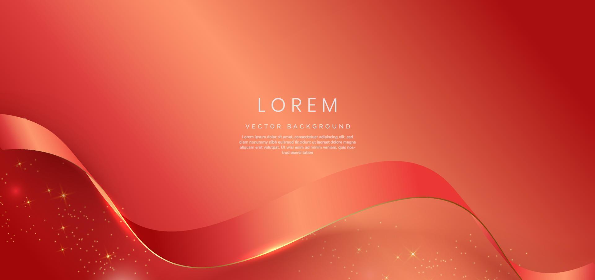 Abstract 3d gold curved red ribbon on red background with bll lighting effect and sparkle with copy space for text. Luxury design style. vector