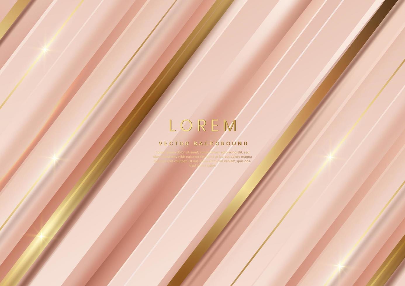 Abstract 3d template rose gold background with gold lines diagonal sparking with copy space for text. Luxury style. vector