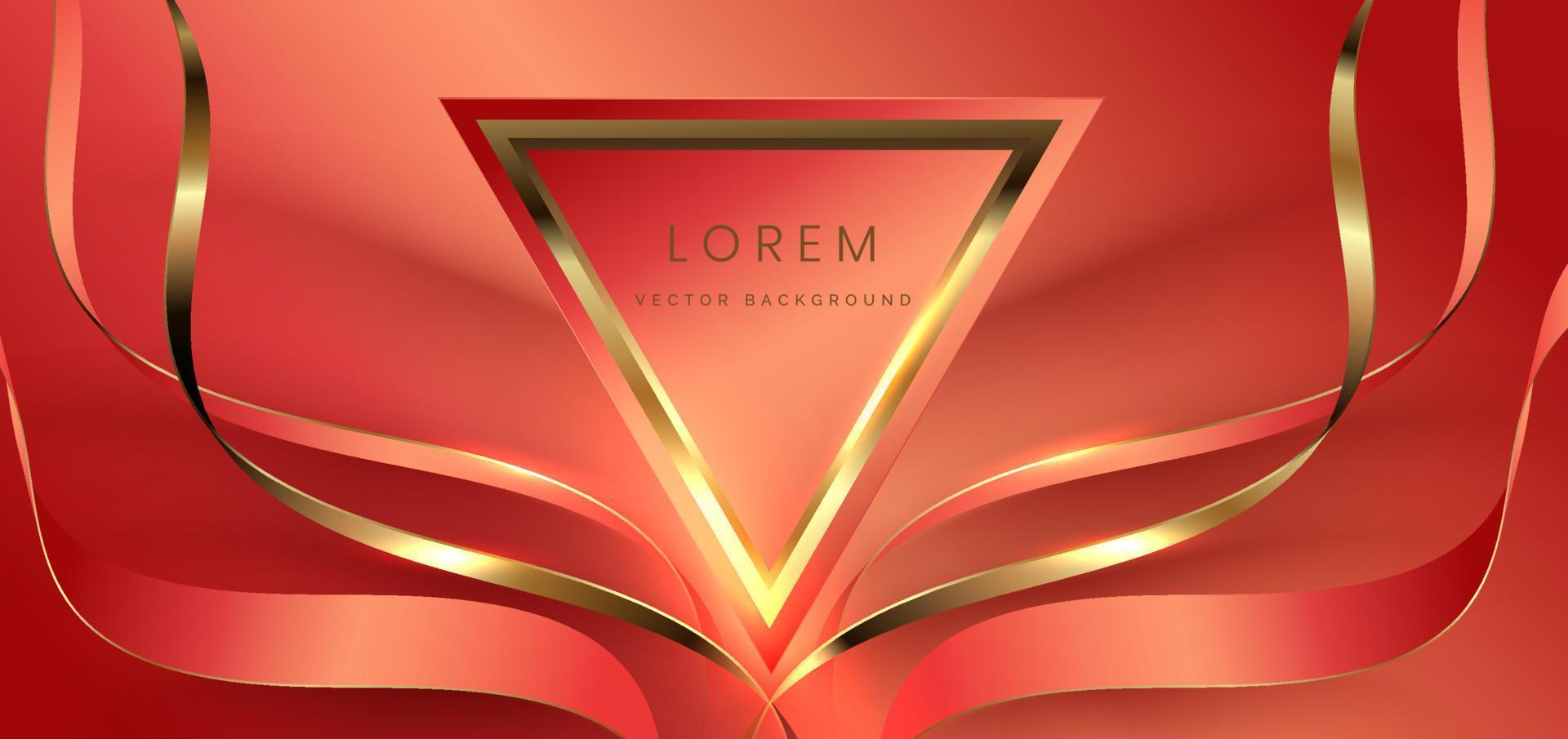 Abstract 3d triangle shape and gold curved red ribbon on red background with light effect sparkle. Luxury design style. vector