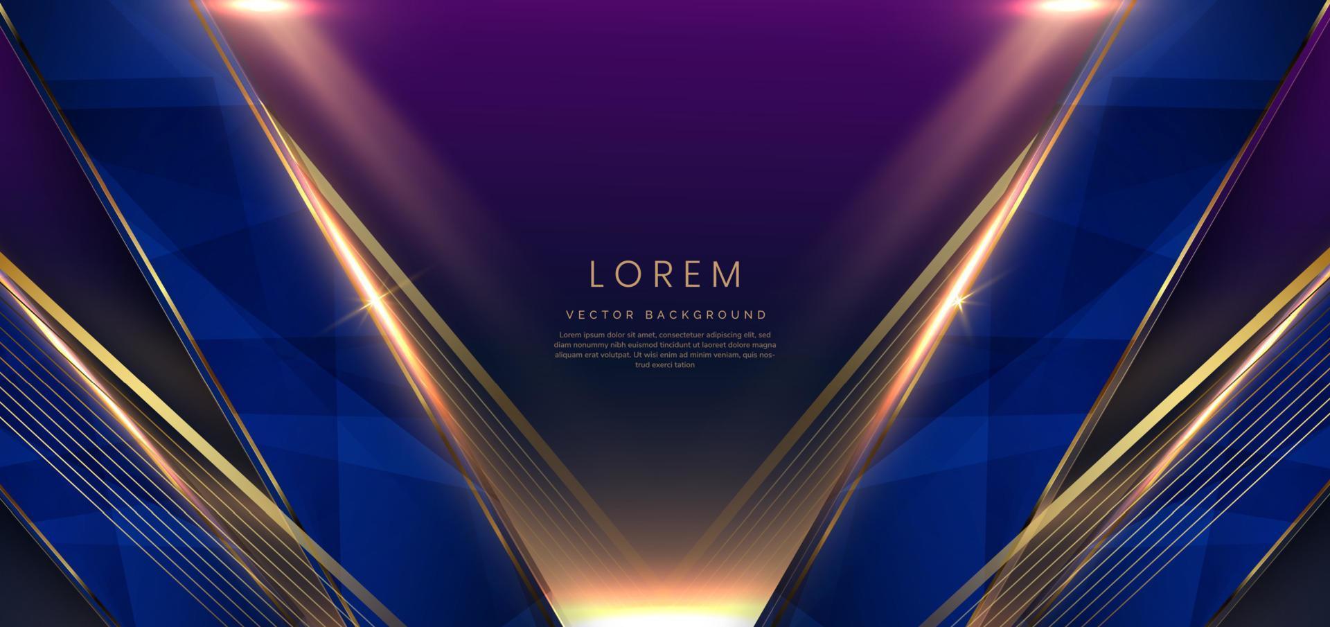 Abstract luxury golden lines diagonal overlapping on dark blue background with lighting effect. Template premium award design. vector