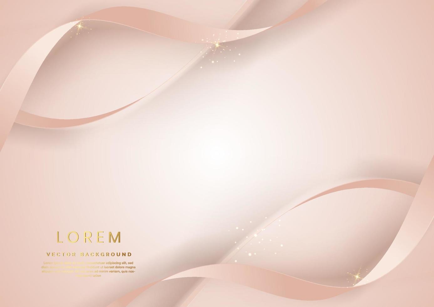 Abstract 3d rose gold curved ribbon on rose gold background with lighting effect and sparkle with copy space for text. Luxury design style. vector