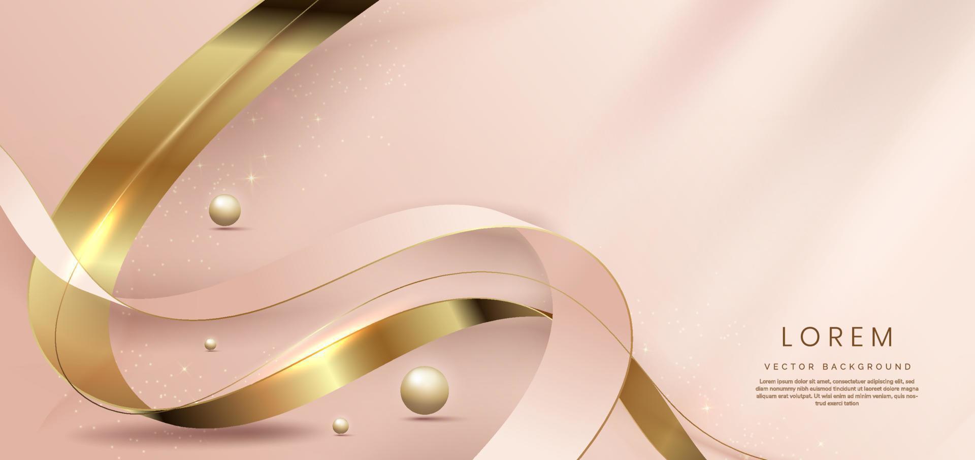 Abstract 3d gold curved ribbon on rose gold background with lighting effect and sparkle with copy space for text. Luxury design style. vector