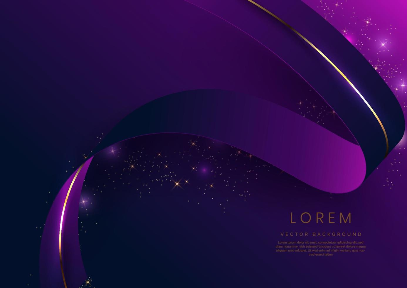 Abstract 3d gold curved ribbon on purple and dark blue background with lighting effect and sparkle with copy space for text. Luxury design style. vector